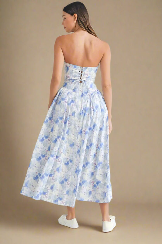 Mable - Blue Watercolor Floral Sweetheart Midi Dress
