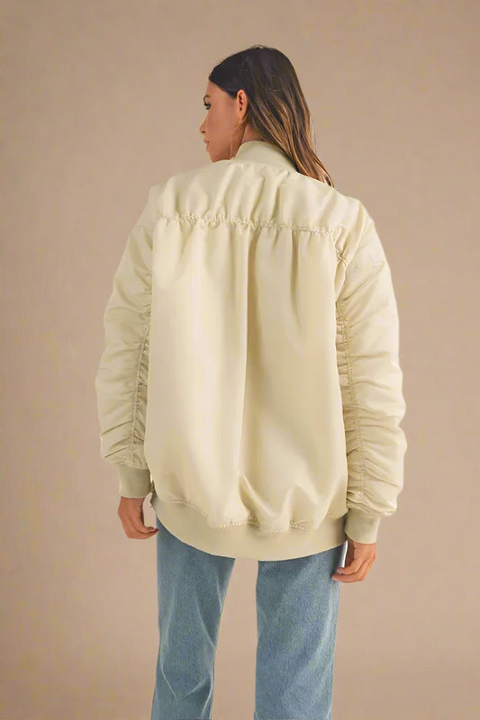 Mable - Cream Oversized Bomber Jacket with Ribbed Trim
