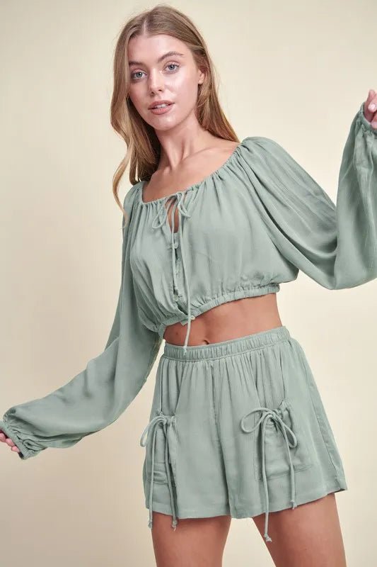 Mable - Dusty Sage Drawstring Shorts Set