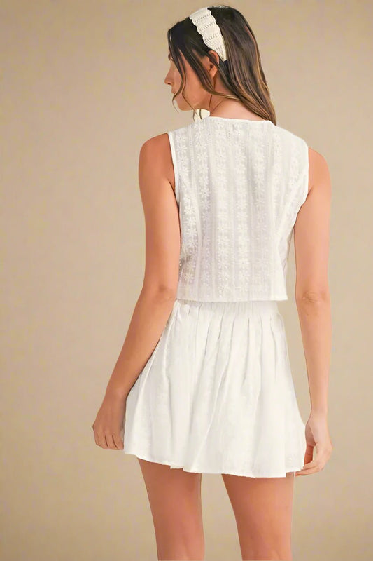Mable - Embroidered Ivory Button - Front Mini Skirt Set