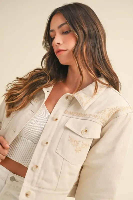 Mable - Embroidered Ivory Cropped Denim Jacket