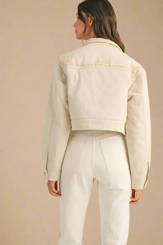 Mable - Embroidered Ivory Cropped Denim Jacket