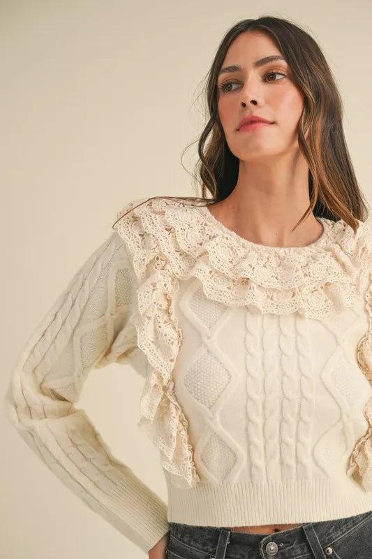 Mable - Ivory Cable Knit Ruffle Sweater