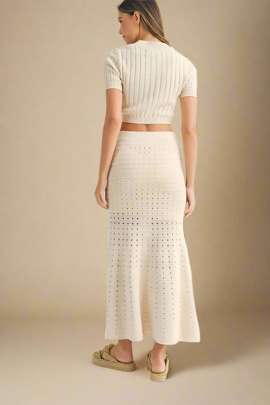 Mable - Ivory Pointelle Knit Crop Top & Midi Skirt Set