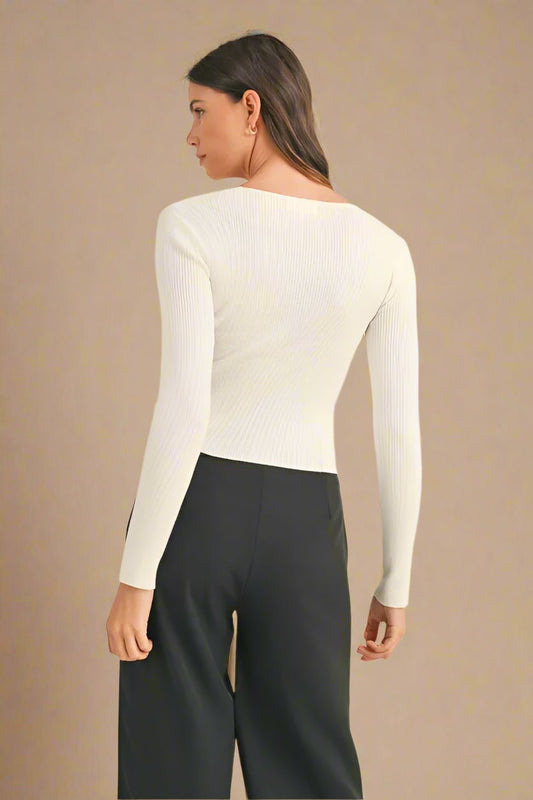 Mable - Ivory Ribbed Cutout Sweater Top