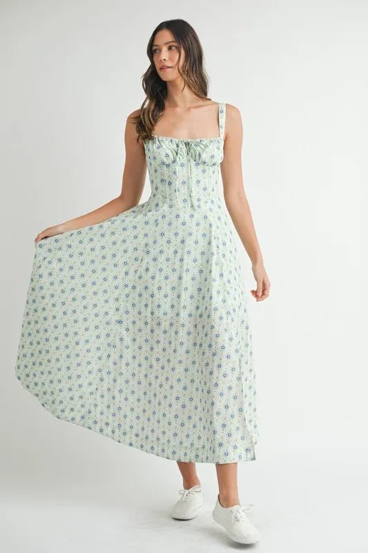 Mable - Mint Blue Ditsy Floral Corset Midi Dress