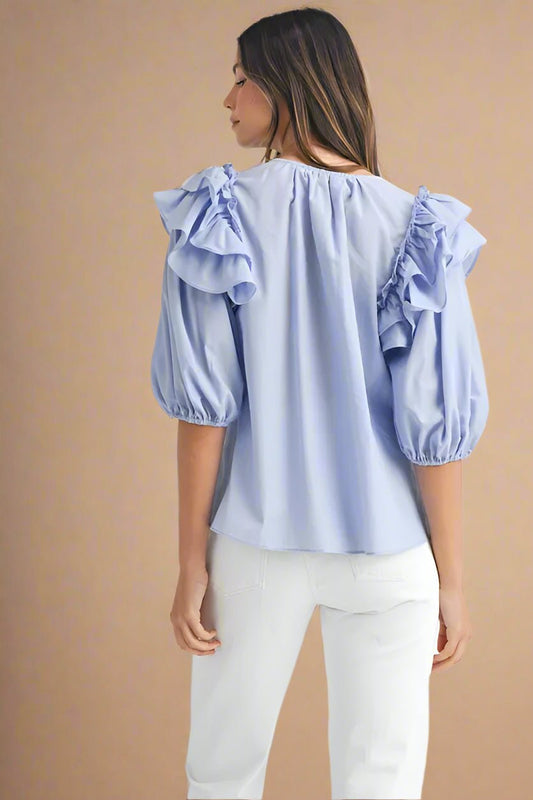 Mable - Powder Blue Ruffle Shoulder Balloon Sleeve Blouse
