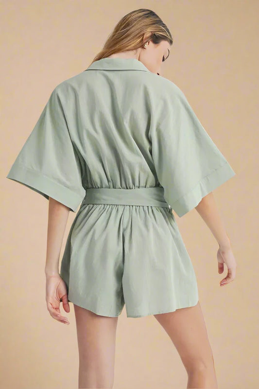 Mable - Sage Embroidered Belted Romper