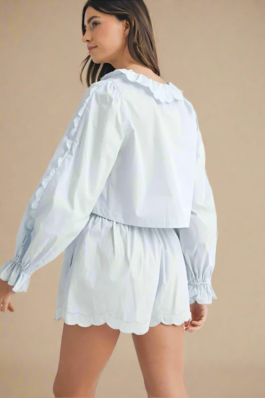 Mable - Scallop Hem Button Shorts Set in Soft Blue