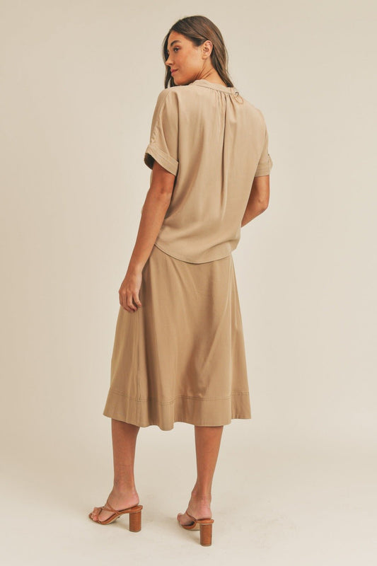 Mable - Short Sleeve Top and Button Down Midi Skirt Set in Taupe