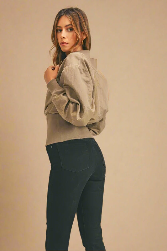 Mable - Taupe Olive Cinch - Hem Cropped Bomber Jacket