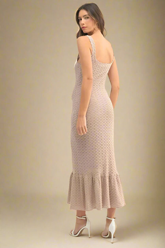 Mable - Taupe Textured Knit Ruffle Hem Midi Dress