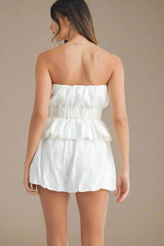 Mable - White Eyelet Strapless Peplum Shorts Set