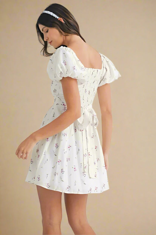 Mable - White Floral Puff Sleeve Mini Dress