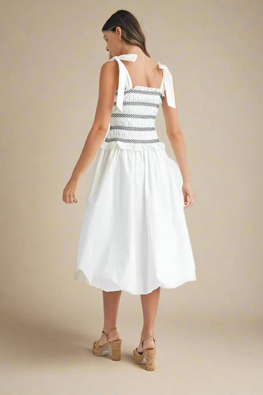 Mable - White & Navy Smocked Tie Strap Bubble Hem Midi Dress