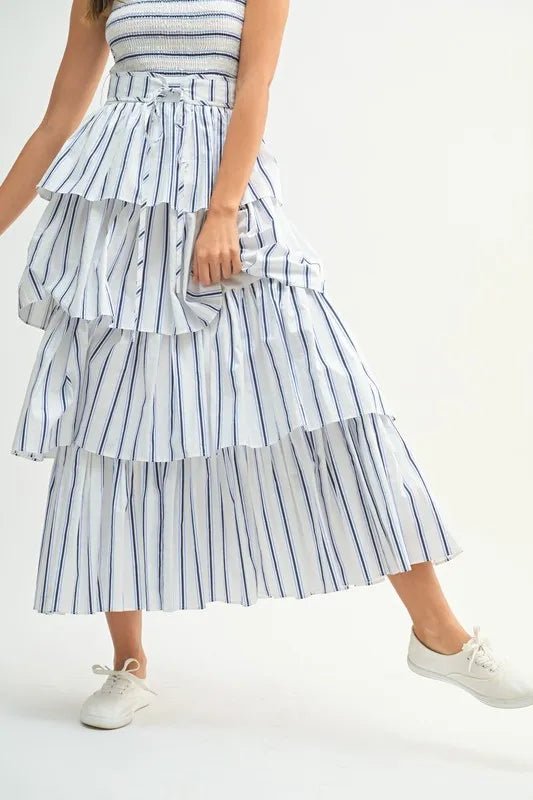 Mable - White & Navy Striped Tiered Midi Dress