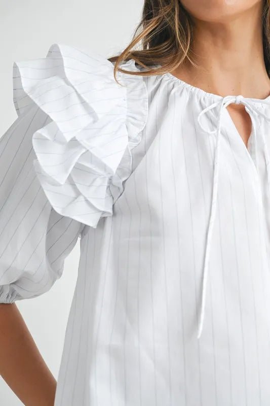 Mable - White Pinstripe Ruffle Sleeve Blouse with Tie Neck