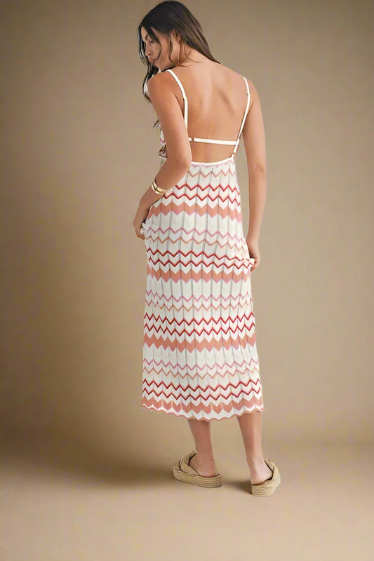 Mable - White & Rust Zigzag Knit Midi Dress