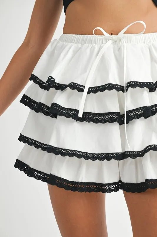 Mable - White Tiered Ruffle Mini Skirt with Black Lace Trim