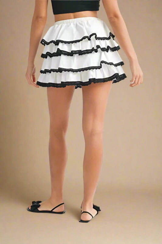 Mable - White Tiered Ruffle Mini Skirt with Black Lace Trim