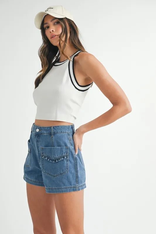 Mable - White Varsity Trim Knit Crop Tank