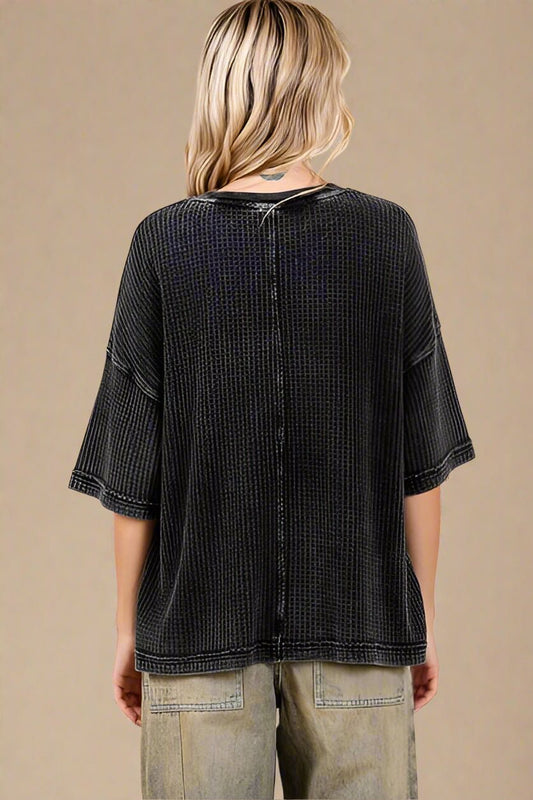 Mittoshop - Ash Black Waffle Knit Half Sleeve Top