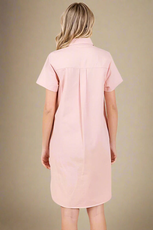 Mittoshop - Baby Pink Short Sleeve Mini Shirt Dress