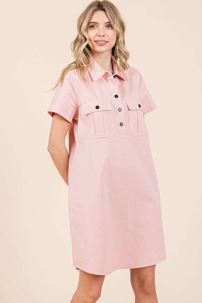 Mittoshop - Baby Pink Short Sleeve Mini Shirt Dress