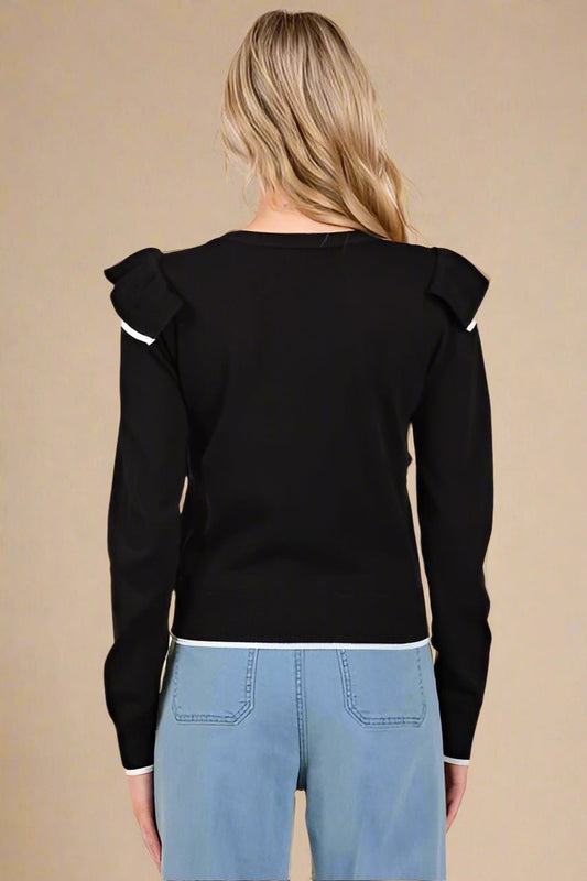 Mittoshop - Black Contrast Trim Ruffled Knit Top