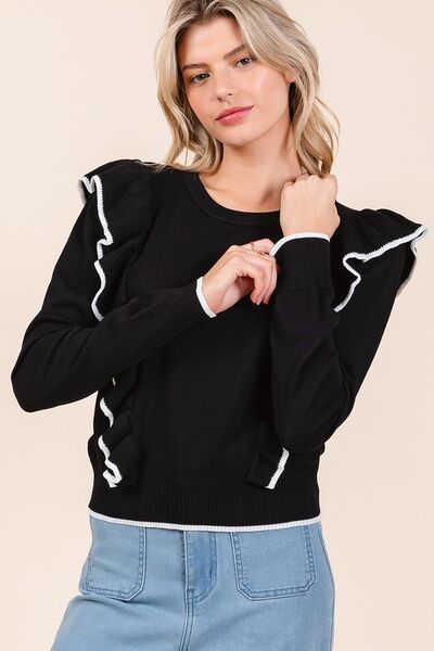 Mittoshop - Black Contrast Trim Ruffled Knit Top