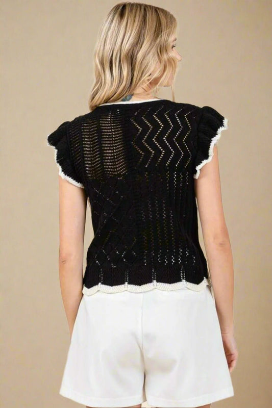 Mittoshop - Black Openwork Ruffled Cap Sleeve Knit Top