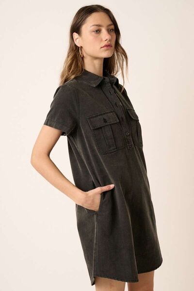 Mittoshop - Black Short Sleeve Mini Shirt Dress