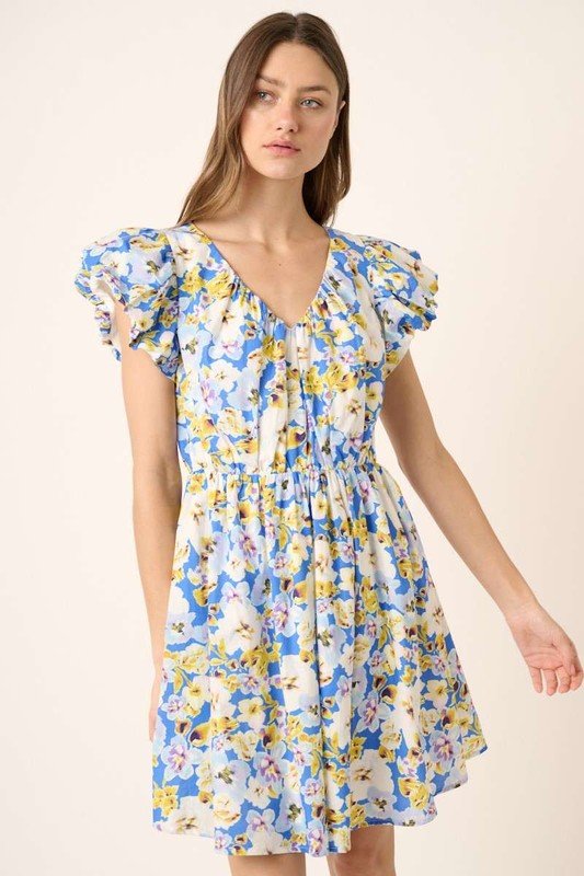 Mittoshop - Blue Floral V - Neck Cap Sleeve Cotton Mini Dress