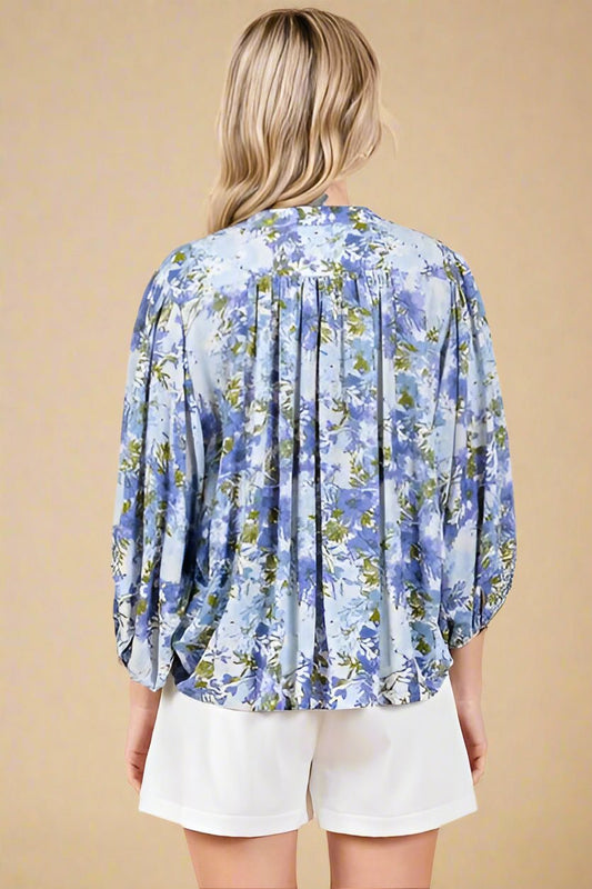 Mittoshop - Blue Flower Print Batwing Blouse