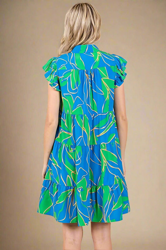 Mittoshop - Blue Leaf Print Ruffle Sleeve Tiered Mini Dress