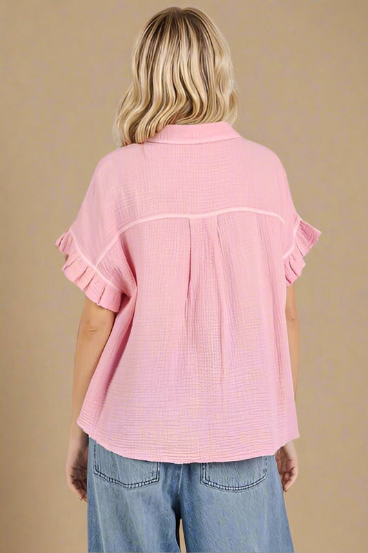 Mittoshop - Blush Pink Mineral Washed Flounce Sleeve Shirt