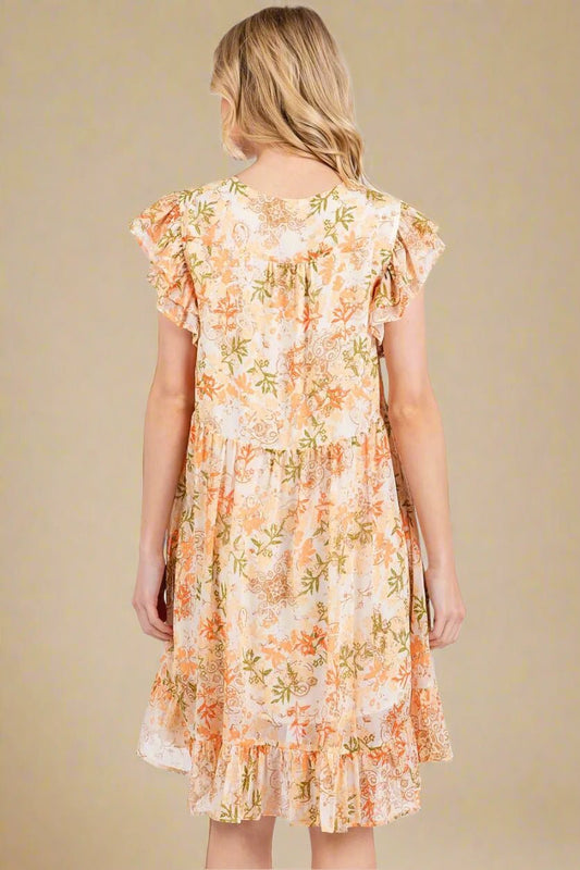 Mittoshop - Boho Ruffle Sleeve Babydoll Mini Dress in Apricot Floral