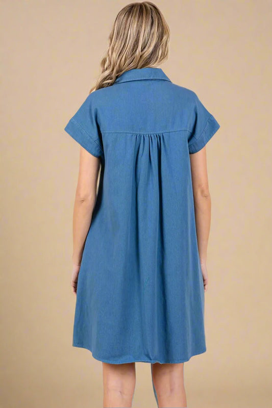 Mittoshop - Chambray Babydoll Mini Shirt Dress in Denim Blue