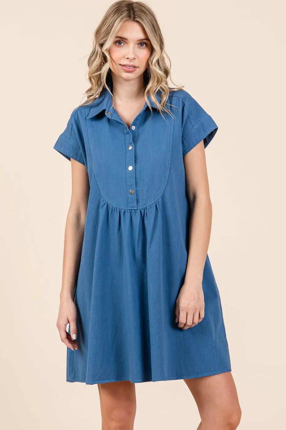 Mittoshop - Chambray Babydoll Mini Shirt Dress in Denim Blue