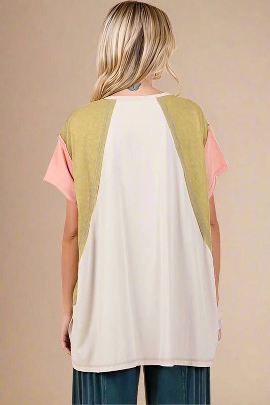 Mittoshop - Color Block Short Sleeve T-Shirt in Olive