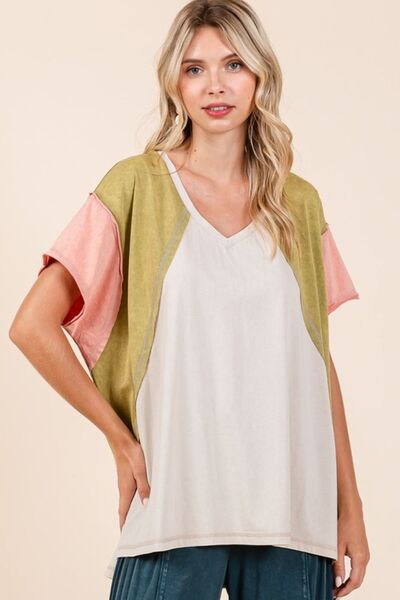 Mittoshop - Color Block Short Sleeve T-Shirt in Olive