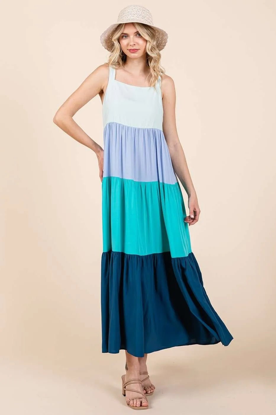 Mittoshop - Colorblock Tiered Maxi Dress in Aqua & Navy