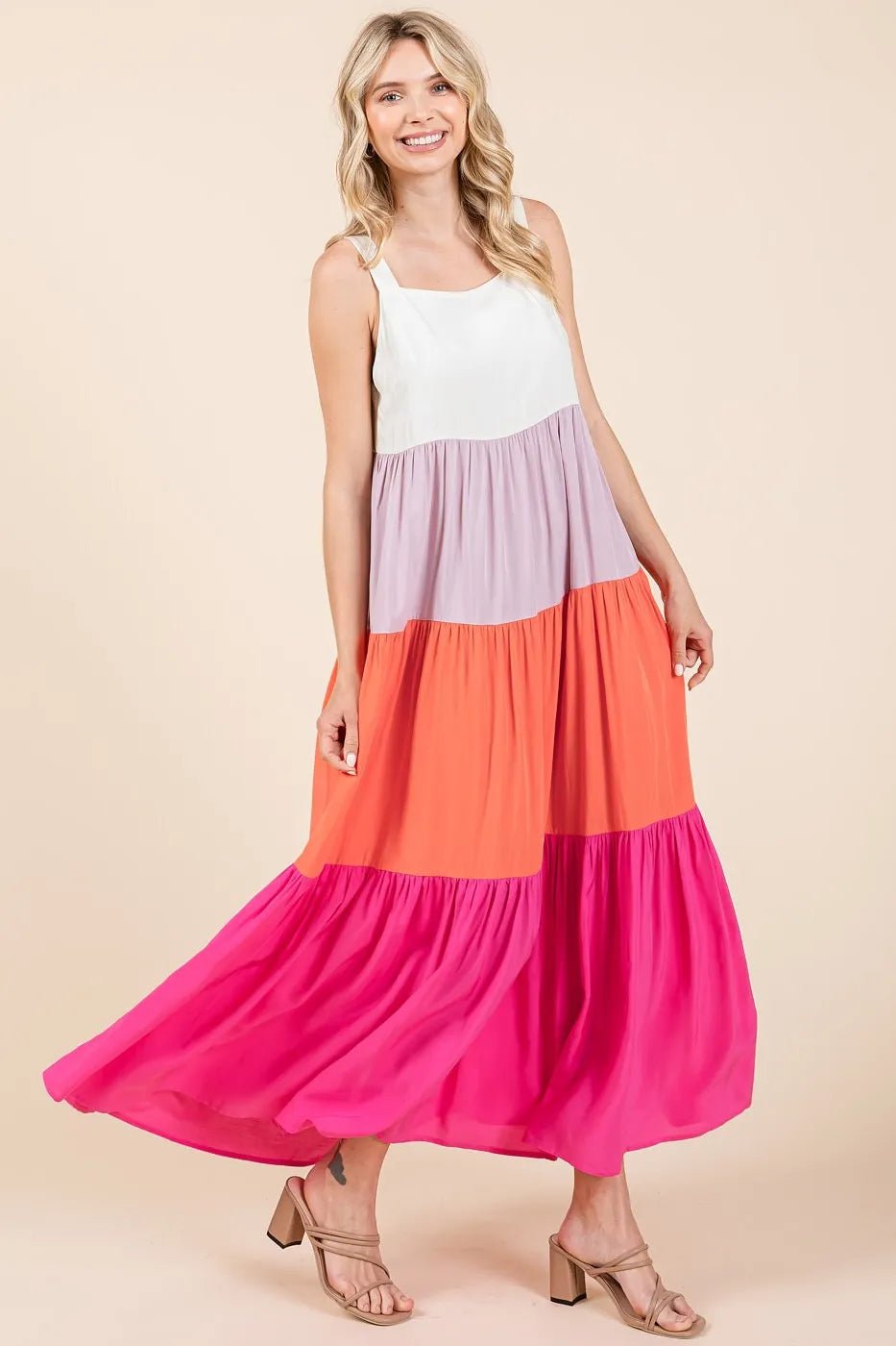 Mittoshop - Colorblock Tiered Maxi Dress in Fuchsia & Tangerine