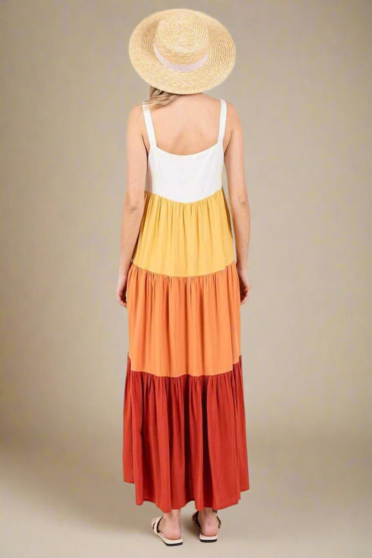 Mittoshop - Colorblock Tiered Maxi Dress in Rust & Golden Yellow