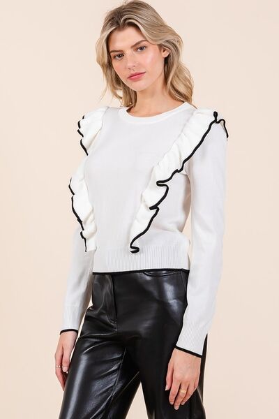 Mittoshop - Contrast Trim Ruffled Knit Top in Ivory