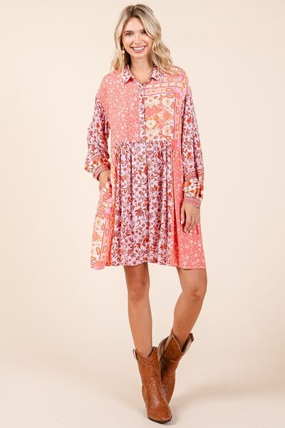 Mittoshop - Coral Pink Floral Long Sleeve Mini Shirt Dress
