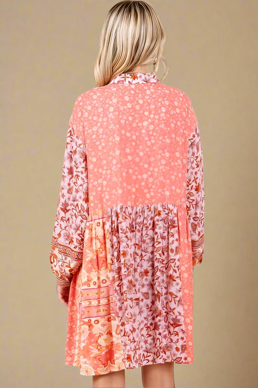 Mittoshop - Coral Pink Floral Long Sleeve Mini Shirt Dress