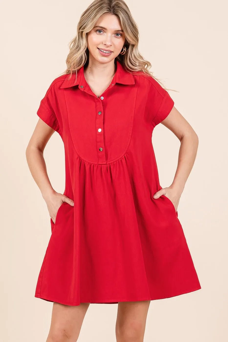 Mittoshop - Cotton Babydoll Shirt Dress in Bright Red