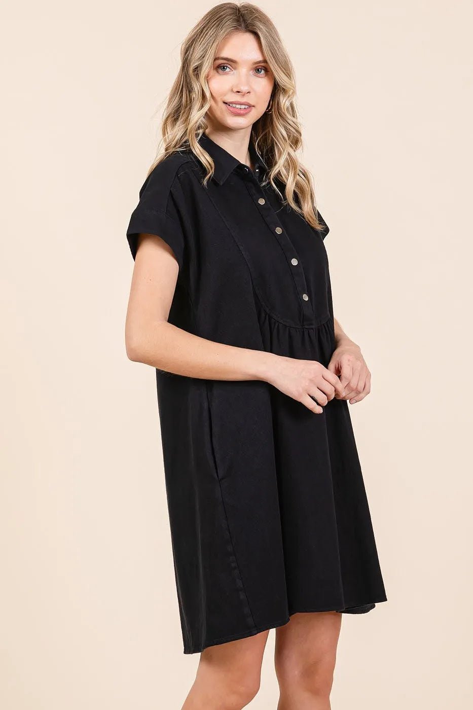 Mittoshop - Cotton Babydoll Shirt Dress in Faded Black