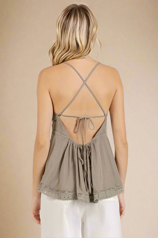 Mittoshop - Crisscross Back Lace Trim Cami in Mocha